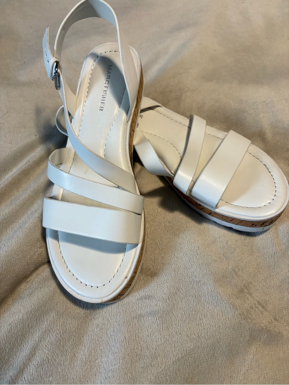 Ladies size 8 Marc Fisher White Cork-Trim Strappy Wedge Sandals